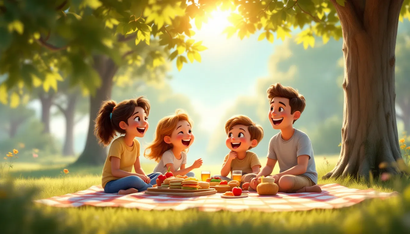 An outdoor picnic setup with delicious food and friends enjoying a sunny day.