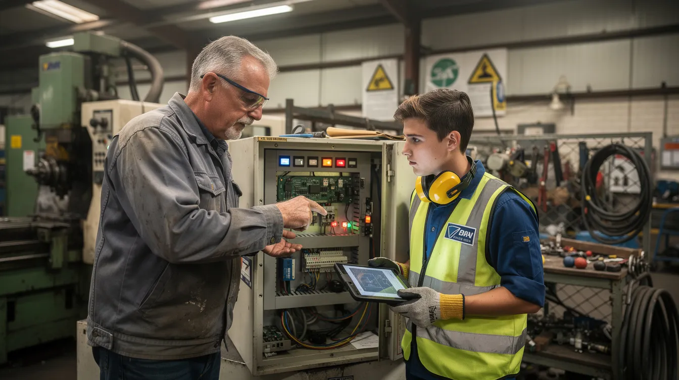 Mentor and apprentice engaged in focused discussion reviewing technical equipment in industrial workshop.