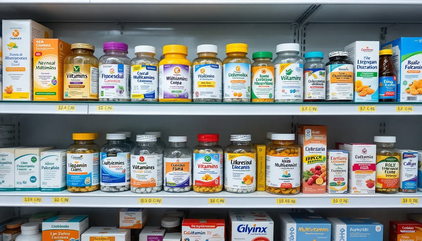 A pharmacy shelf stocked with various multivitamins available for purchase.