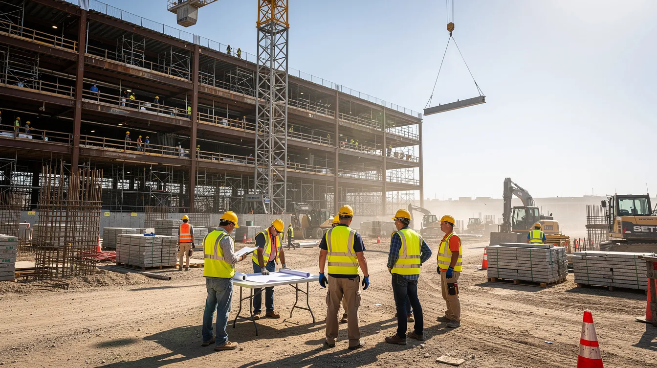 A group of construction workers wearing hard hats and safety vests are actively engaged on a large commercial building site during a warm summer day, exemplifying the importance of construction safety management and personal protective equipment in high-risk areas. Their collaborative efforts highlight the critical role of safety procedures and workplace safety in the construction industry.