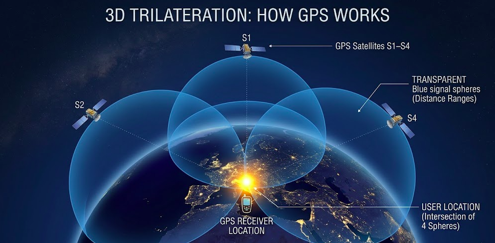 Trilateration diagram showing four GPS satellites calculating an exact location on Earth