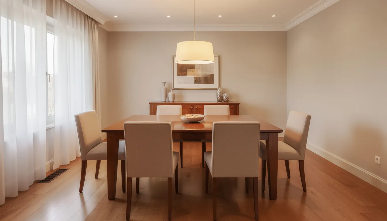 The image depicts a well-maintained dining room featuring a stylish round dining table surrounded by comfortable dining chairs, all illuminated by soft, inviting lighting, creating a cozy dining space perfect for family meals and special occasions. The overall design reflects careful consideration of furniture pieces and layout, ensuring enough room for guests to sit comfortably.