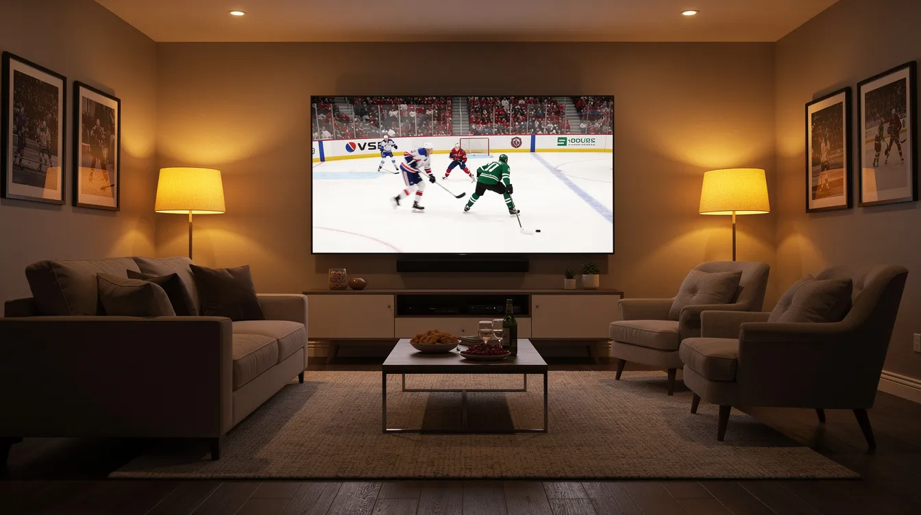 Un match de hockey est diffusé sur un grand écran de télévision dans une pièce confortable, avec des sièges moelleux et un éclairage tamisé, créant une ambiance idéale pour profiter des sports. Ce cadre chaleureux permet aux spectateurs de vivre une expérience immersive tout en regardant leur équipe favorite.