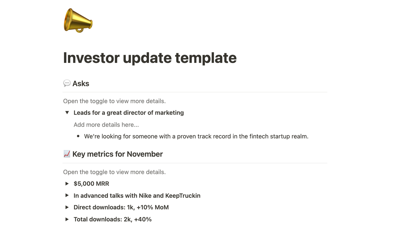 A sreenshot of an investor update template.