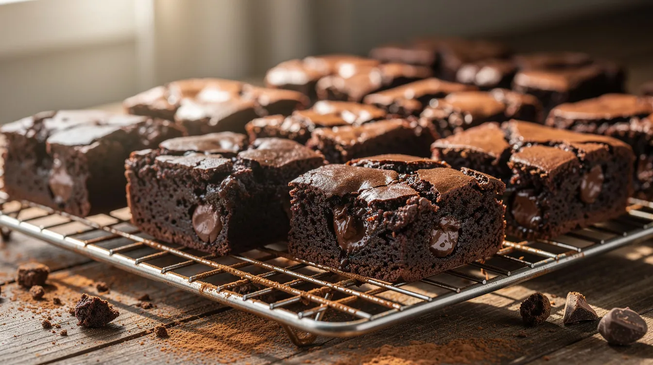 The image shows a batch of chocolate brownies cooling on a wire rack, showcasing their rich, fudgy texture and glossy top. These homemade edibles are a delicious way to incorporate cannabis, especially when made with cannabutter or infused oils, perfect for those interested in cannabis edibles.