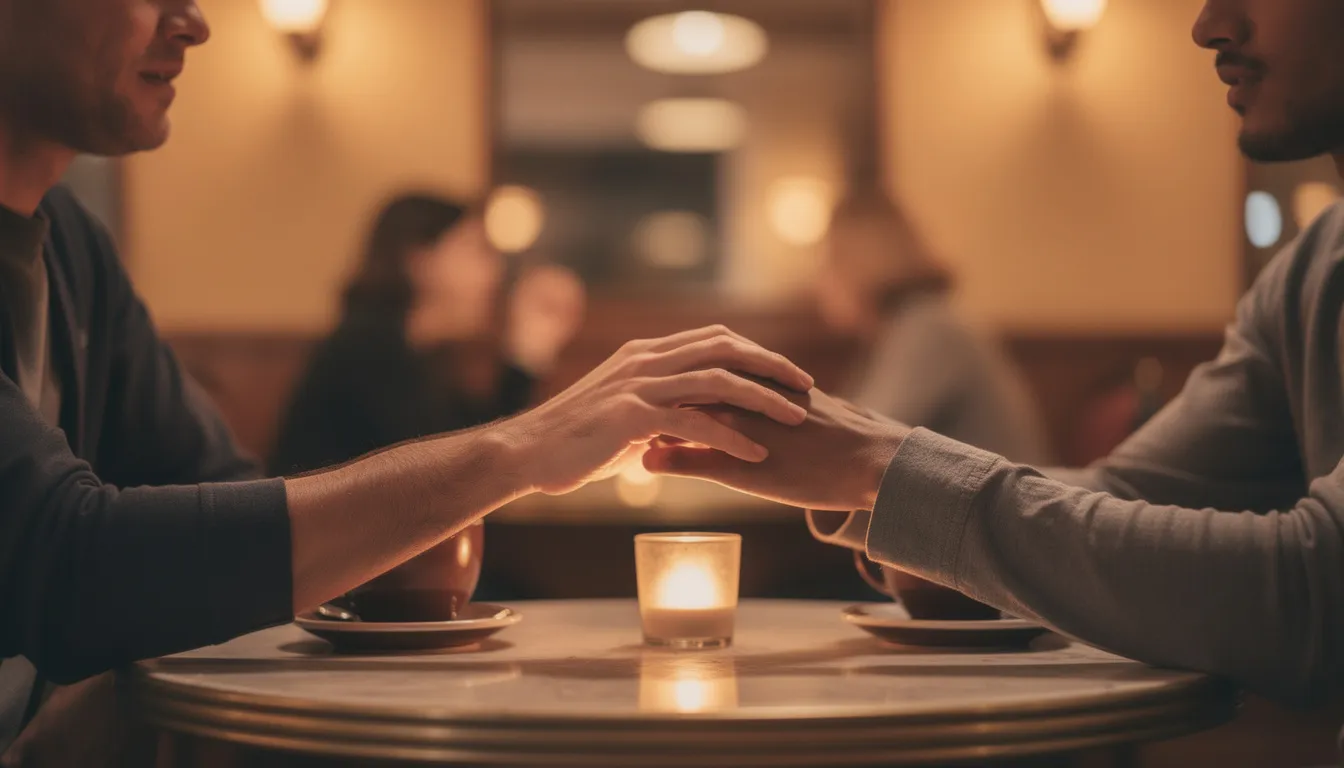 The image depicts two people holding hands across a small table, illuminated by warm lighting, symbolizing a moment of reconnection amidst relationship issues. Their body language conveys intimacy and a desire to communicate, reflecting the importance of respect and appreciation in overcoming the four horsemen of conflict.