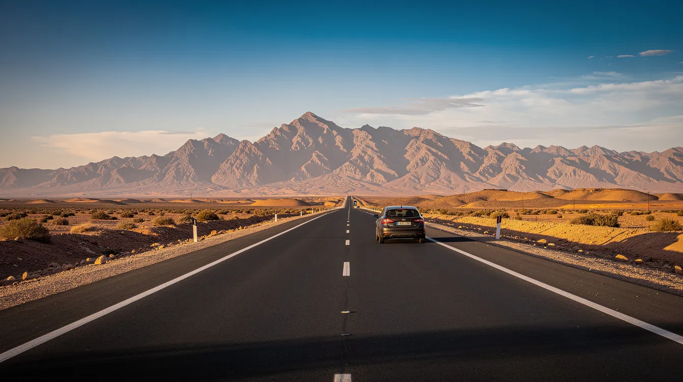 Una autopista marroquí se extiende bajo un cielo despejado, con las majestuosas montañas del Atlas al fondo. Un coche circula por la carretera, simbolizando el acceso y la conexión entre destinos como Marrakech y Casablanca, ideales para los viajeros que buscan comodidad y calidad en su estancia.