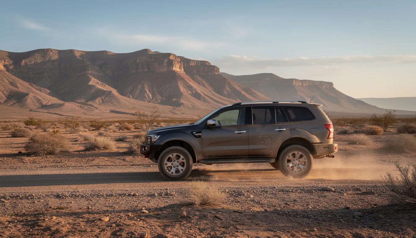 Un 4x4 robuste roule sur une piste de gravier, avec des montagnes désertiques majestueuses en arrière-plan, illustrant la beauté des paysages de la Namibie. Cette scène évoque l'aventure et la liberté offertes par la location de voiture en Namibie.