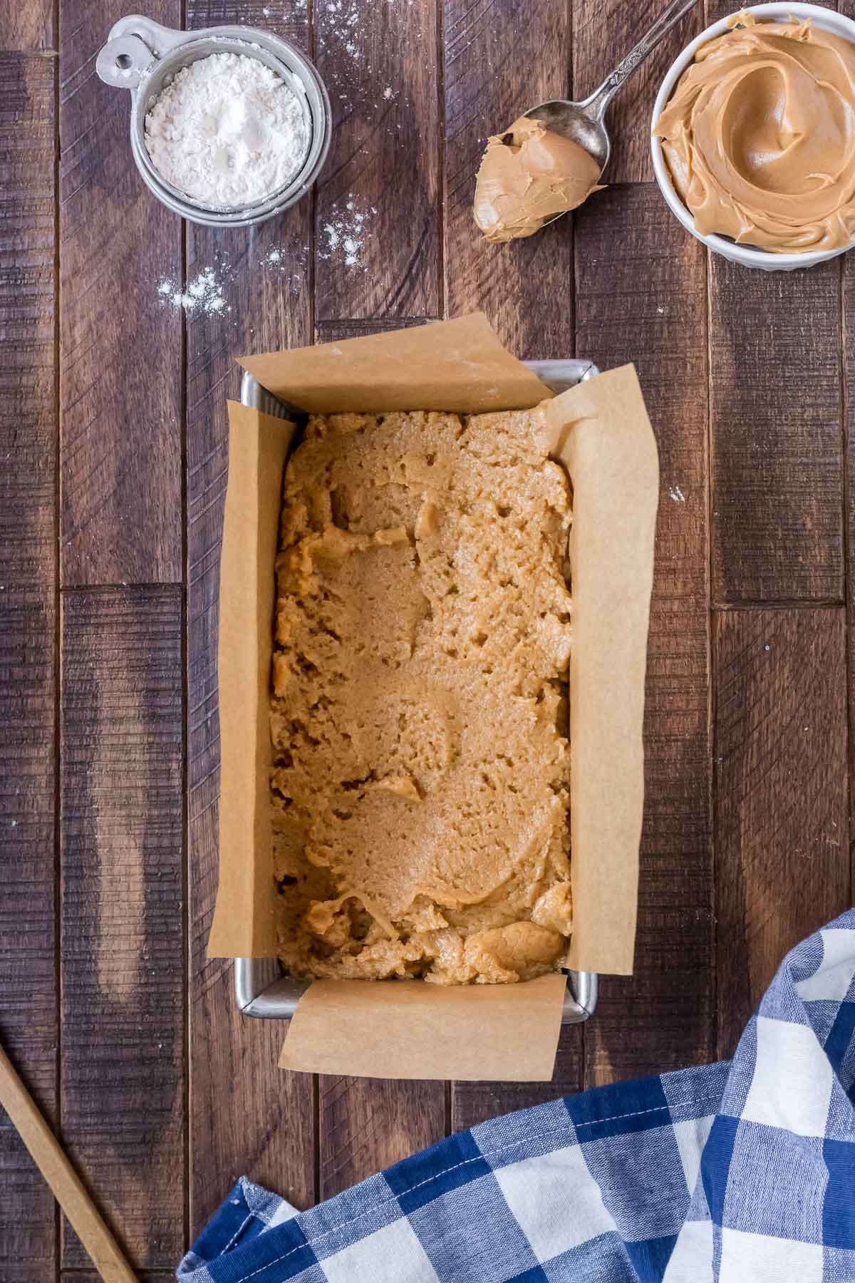 unbaked peanut butter bread in a loaf pan