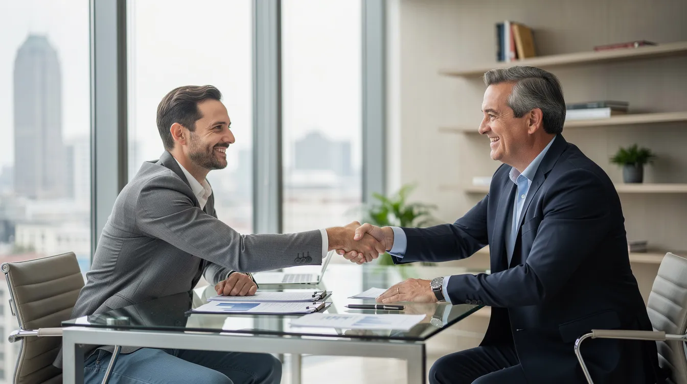 The image shows a professional financial advisor shaking hands with a relieved client in a modern office setting, symbolizing a successful conclusion to a financial consultation. The atmosphere conveys trust and satisfaction, likely related to a 二線 清 數 貸款 or a personalized financial plan.