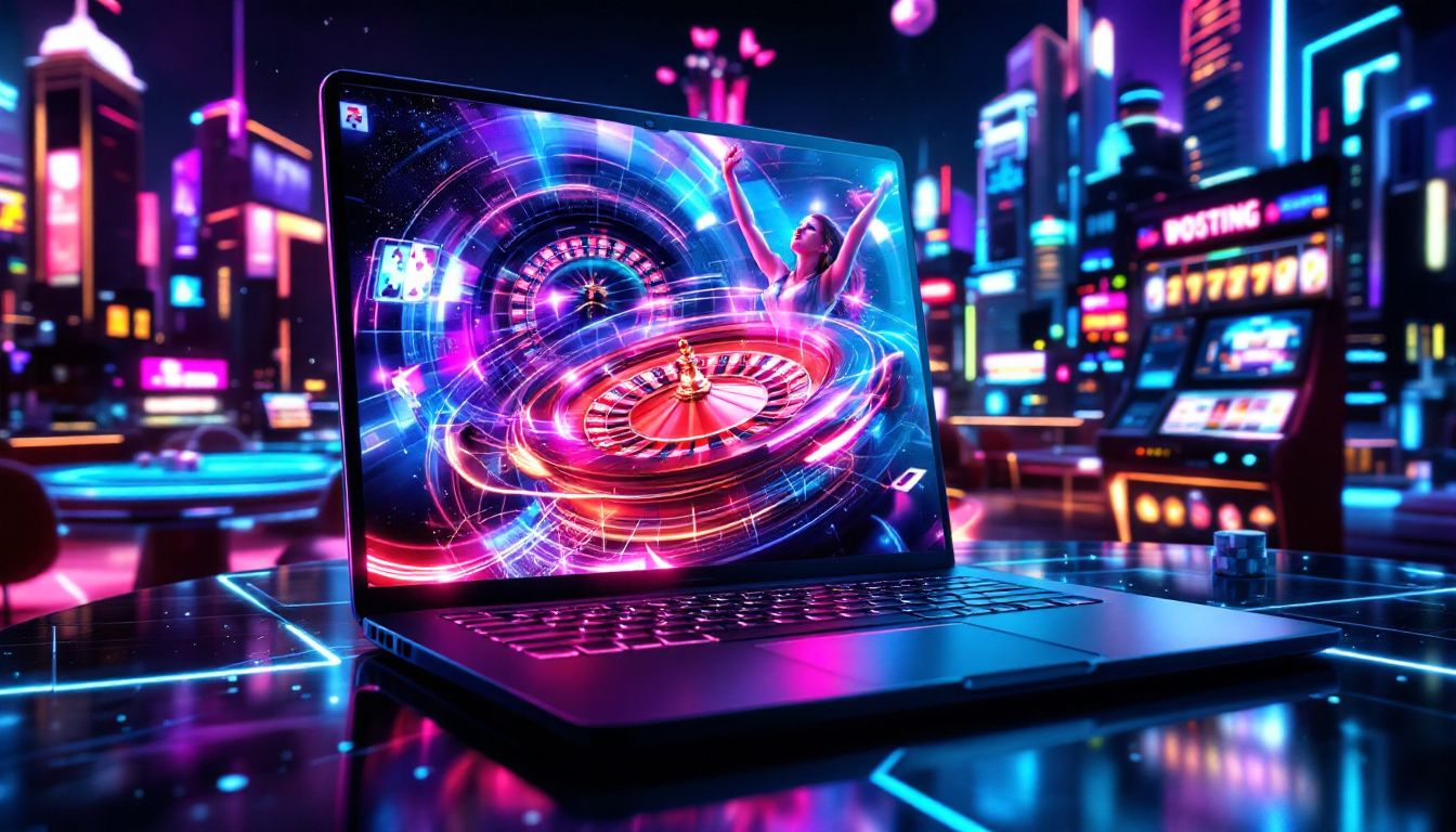 An engaging image of popular online casino games being played on a laptop.