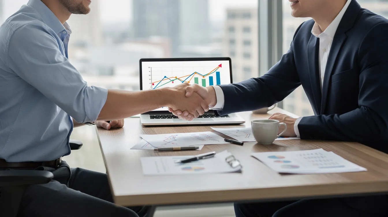 The image depicts a person shaking hands with a professional financial advisor, symbolizing a human connection in financial advisory. Between them, an open laptop displays financial charts, highlighting the blend of traditional human advisors and AI-powered financial tools in portfolio management and investment advice.
