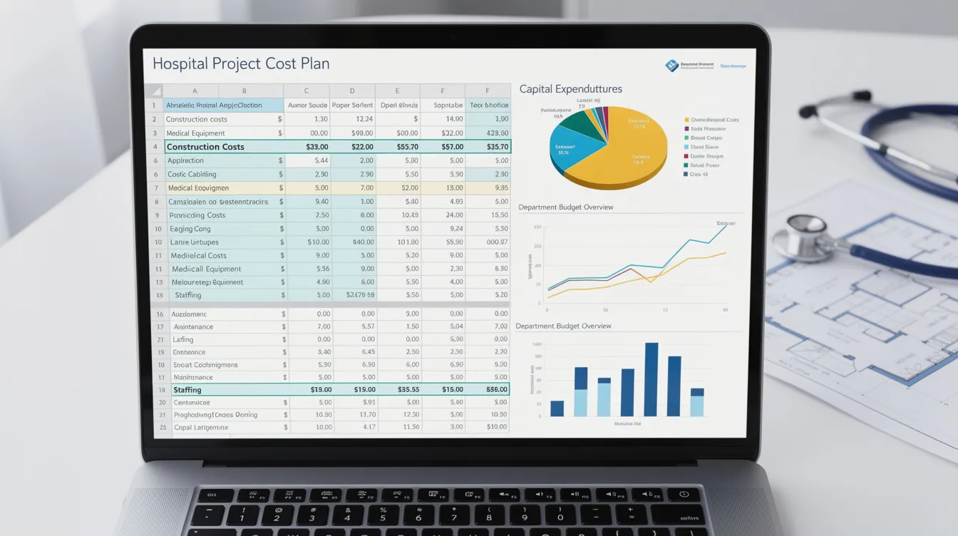The image features a detailed financial spreadsheet displaying various charts that outline the project budget for an eye hospital in India, focusing on costs associated with medical equipment, patient flow, and operational efficiency. This financial analysis aims to ensure high-quality care and patient safety while planning for future growth and sustainable practices within the healthcare facility.