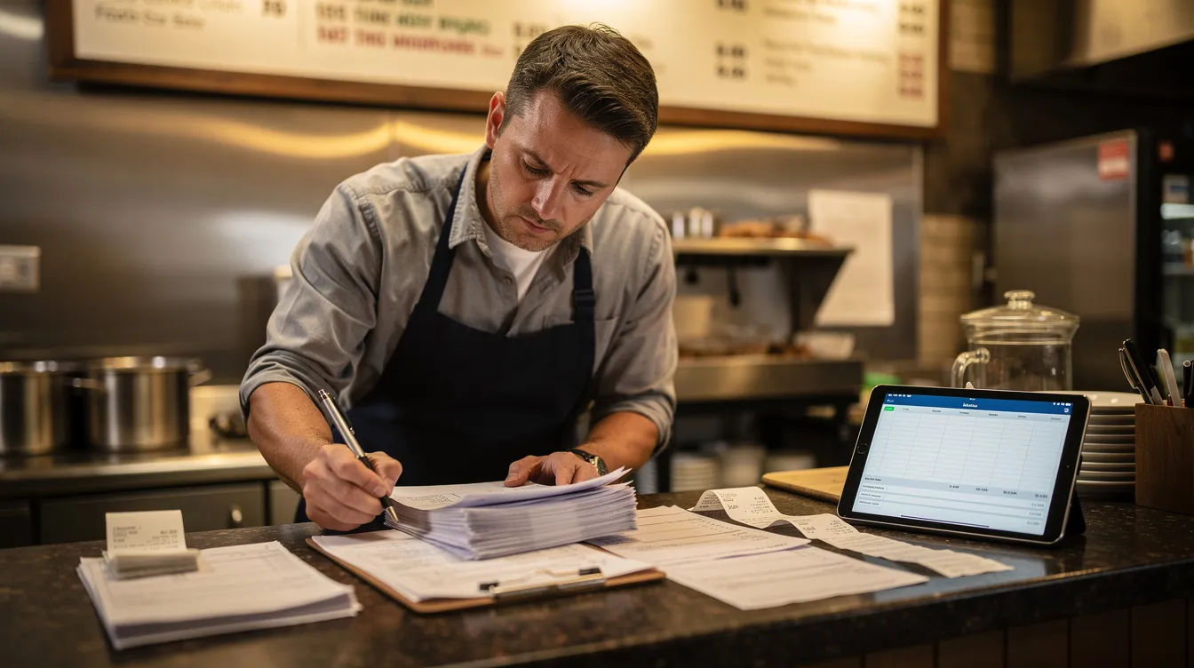 A small business owner is seated at a restaurant counter, intently reviewing paperwork related to their loan application, possibly for 中小企融資 or 無抵押貸款. The scene reflects the dedication of entrepreneurs navigating the complexities of financing options for their businesses.