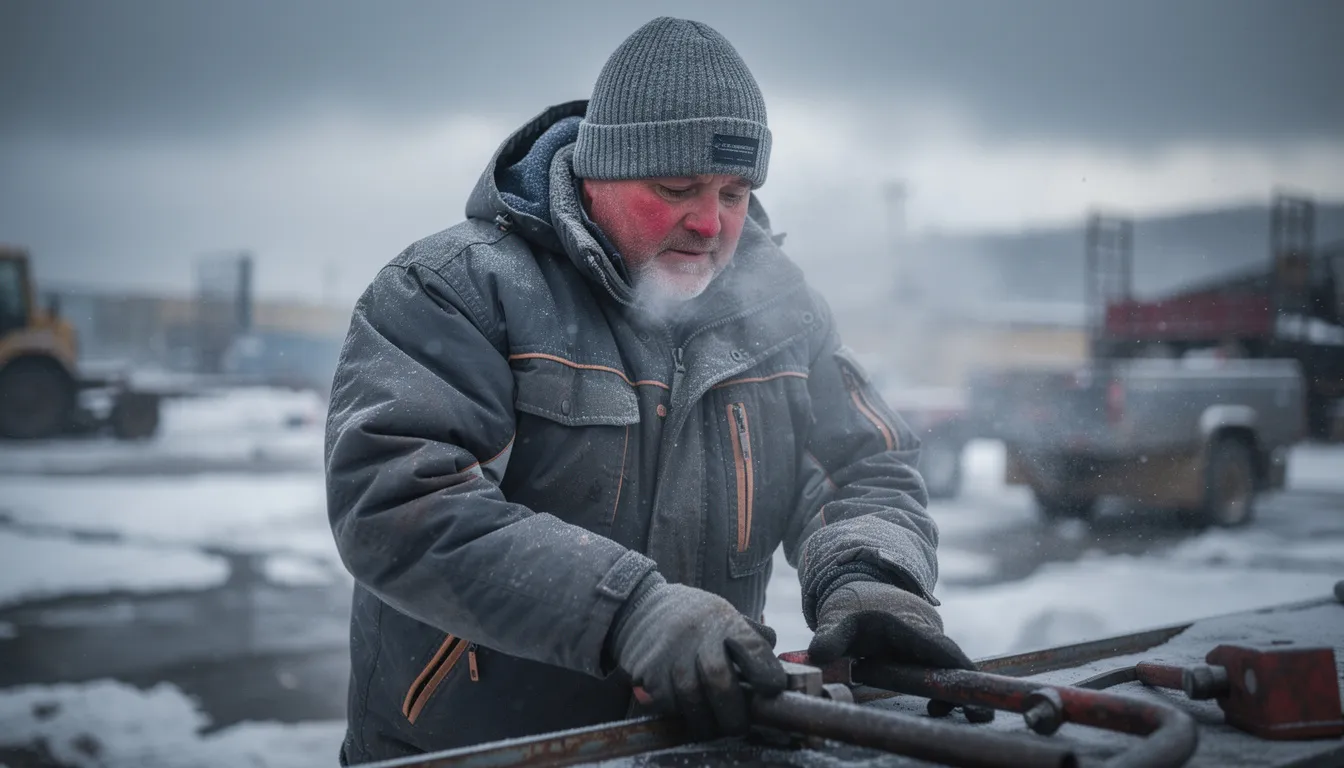 The image depicts a man bundled up in warm clothing, working outdoors in cold weather, with snow and frost visible around him. His focused expression suggests he is engaged in a task that requires resilience against the harsh elements, emphasizing the importance of protecting skin from dryness and irritation in such conditions.