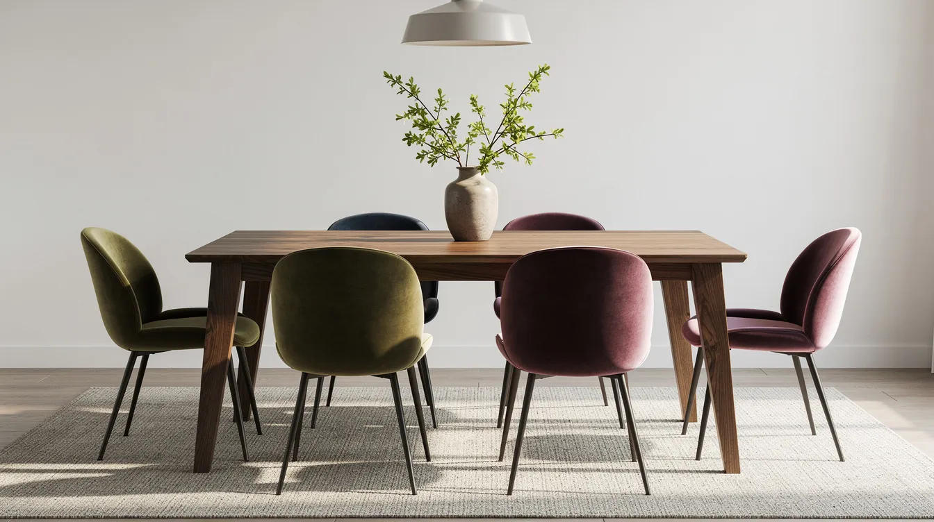 Een eetkamer met fluwelen stoelen in een luxe stof rondom een houten tafel, die een elegante en verfijnde sfeer creëert. De rijke kleuren van het fluweel voegen diepte en comfort toe aan het interieurdesign.