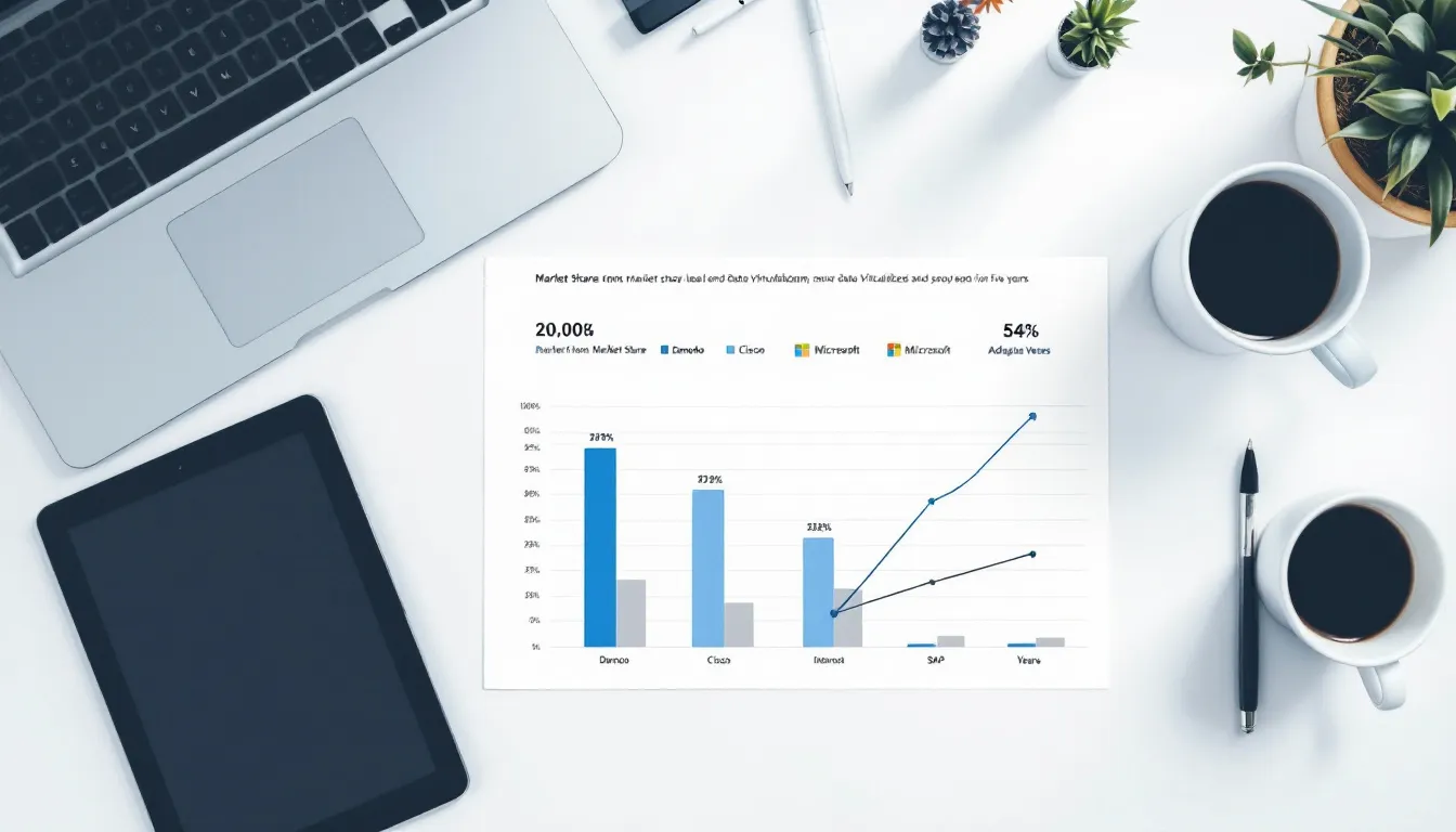 The image presents a comparison of data virtualization platforms, highlighting market share and adoption trends among various vendors, including Denodo and IBM Cloud Pak. It visually represents how these data virtualization solutions help companies manage and integrate vast data sources effectively, showcasing the performance and benefits of seamless integration in the business landscape.