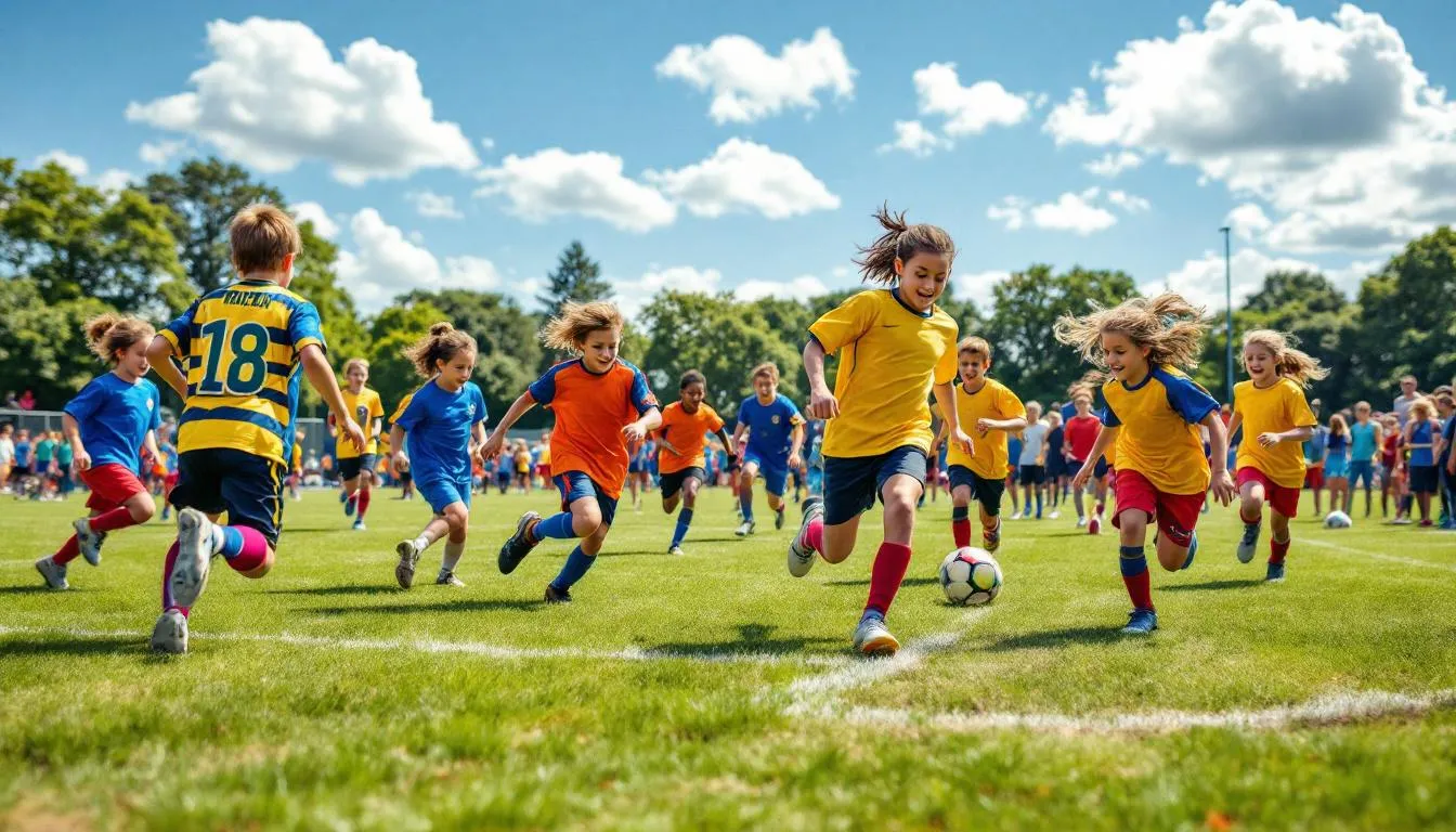 In der Abbildung sind Kinder und Jugendliche zu sehen, die begeistert auf einem Fußballfeld spielen. Sie dribbeln den Ball, üben ihre Fähigkeiten und arbeiten in Mannschaften zusammen, um Tore zu erzielen und Freude am Sportunterricht zu erleben.