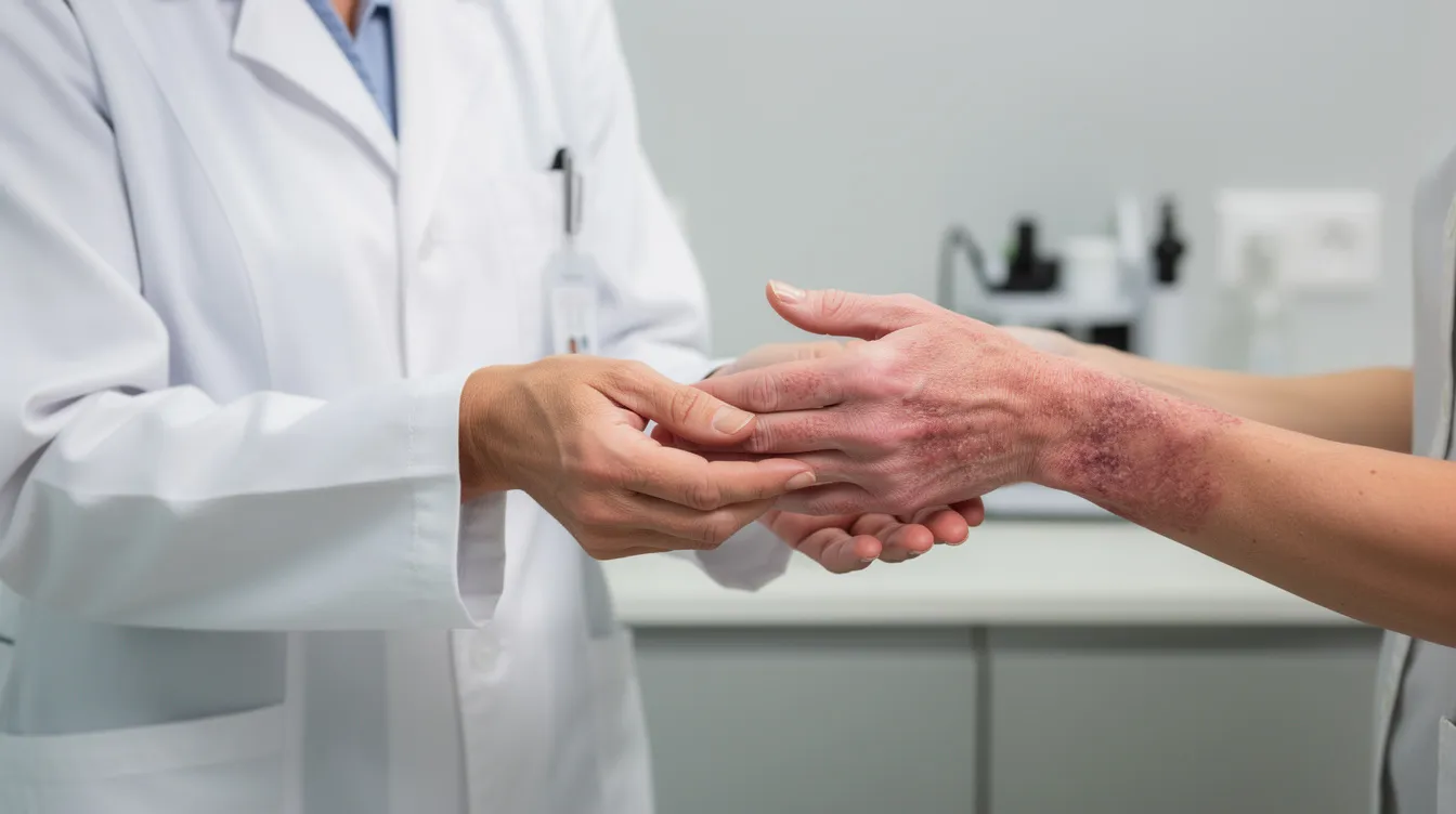 A medical professional is closely examining a patient's hands and skin condition, likely assessing for signs of chemical exposure or skin irritation caused by hazardous substances. The scene emphasizes the importance of appropriate personal protective equipment and health regulations to prevent injuries from harmful materials in the workplace.