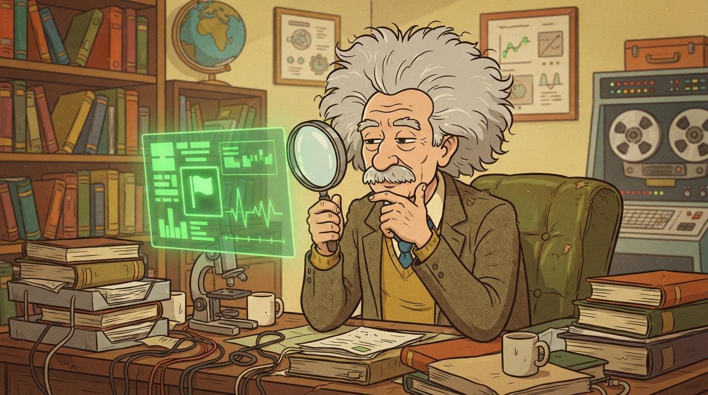 Wild-haired professor reviewing a floating glowing green flagged moment on a screen, magnifying glass in hand, calmly deciding rather than reacting