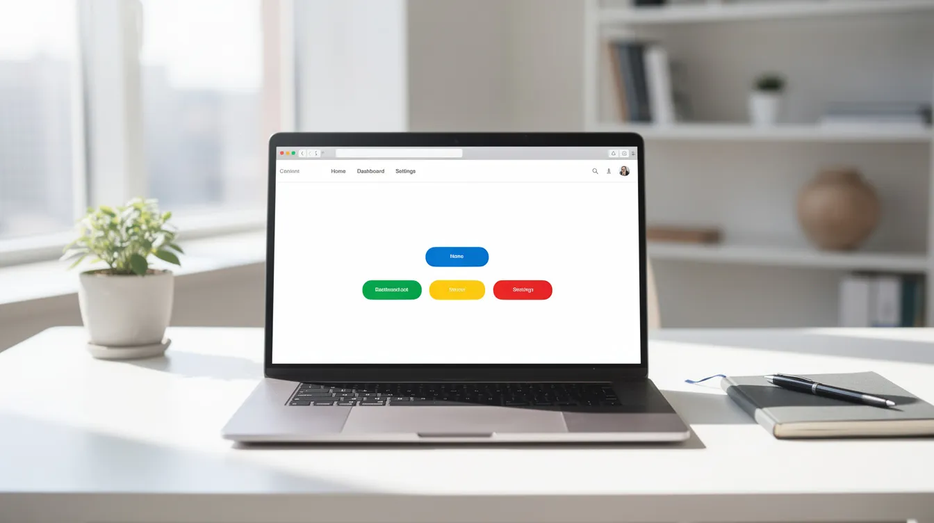 The image shows a laptop screen in a bright workspace, displaying a simple web application interface filled with colorful buttons. This setup suggests a creative environment where multiple companies might be developing innovative tools, possibly involving AI agents to enhance user experience.