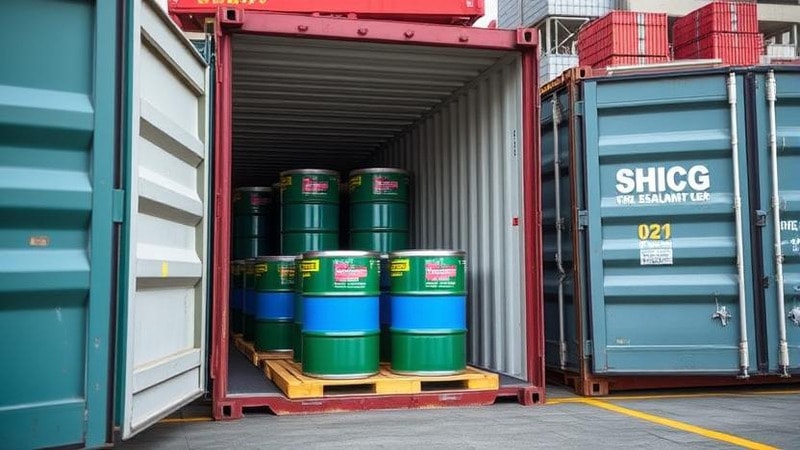 Shipping containers being loaded with silicone sealant barrels at a port or distribution center. 