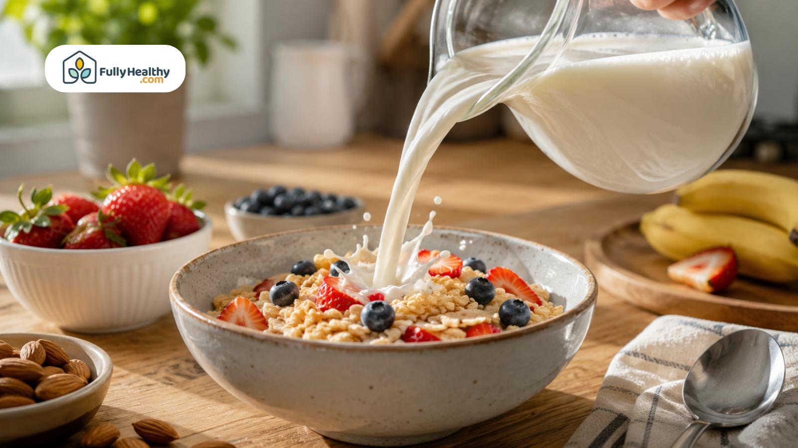 Fresh milk poured over cereal with strawberries and blueberries for breakfast
