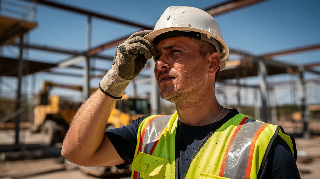 A close-up image shows a construction worker wearing a reflective safety vest and hard hat, wiping sweat from their forehead under the bright sun at a jobsite. This scene highlights the importance of heat illness prevention and the need for frequent breaks to protect workers in hot environments.