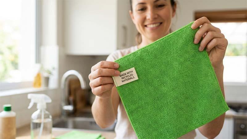 A woman in her kitchen with a green recycled microfiber towel