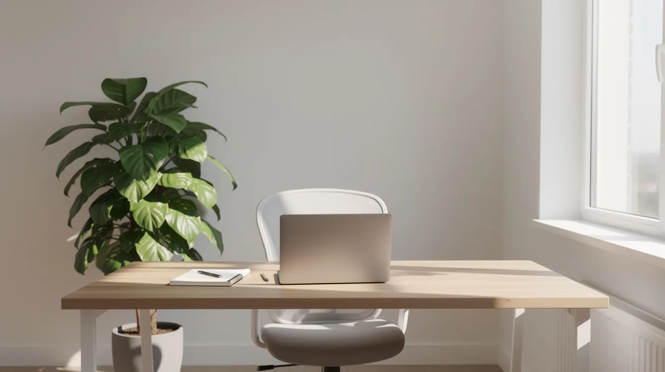Une image d'un espace de travail organisé, avec un bureau bien rangé, une plante verte apportant une touche de nature et une lumière naturelle qui entre par une fenêtre, symbolisant un environnement propice à la concentration et au bien-être. Cet aménagement favorise l'idée de lâcher prise au travail, essentiel pour la santé mentale et la gestion du stress au quotidien.