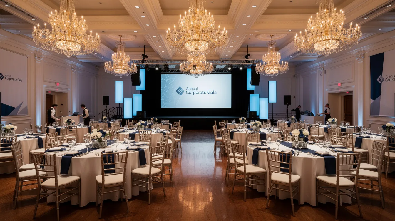 15b8a24b a953 4f9c b9f2 2504acf9d38f The image depicts a large, elegantly decorated banquet hall, beautifully set up for a corporate gala event, featuring round tables adorned with white tablecloths and centerpieces, with ambient lighting creating a sophisticated atmosphere. This setting exemplifies the potential of event management companies in organizing successful corporate events that cater to a target audience, highlighting the importance of effective marketing strategies in the food and beverage industry.