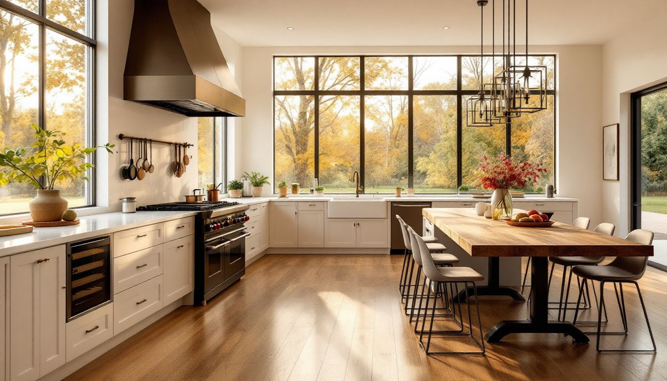 A beautifully designed modern farmhouse kitchen featuring a warm color palette.