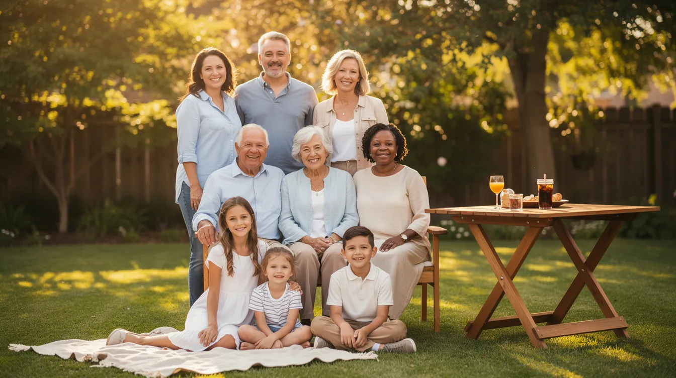 A multi-generational family is gathered together outdoors, enjoying each other's company and sharing laughter. This scene reflects the importance of financial planning services, as they discuss their long-term financial goals and the role of certified financial planners in securing their financial future.