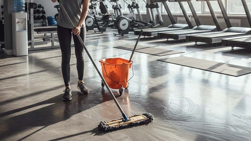 A woman is scrubbing the floor at a fitness gym