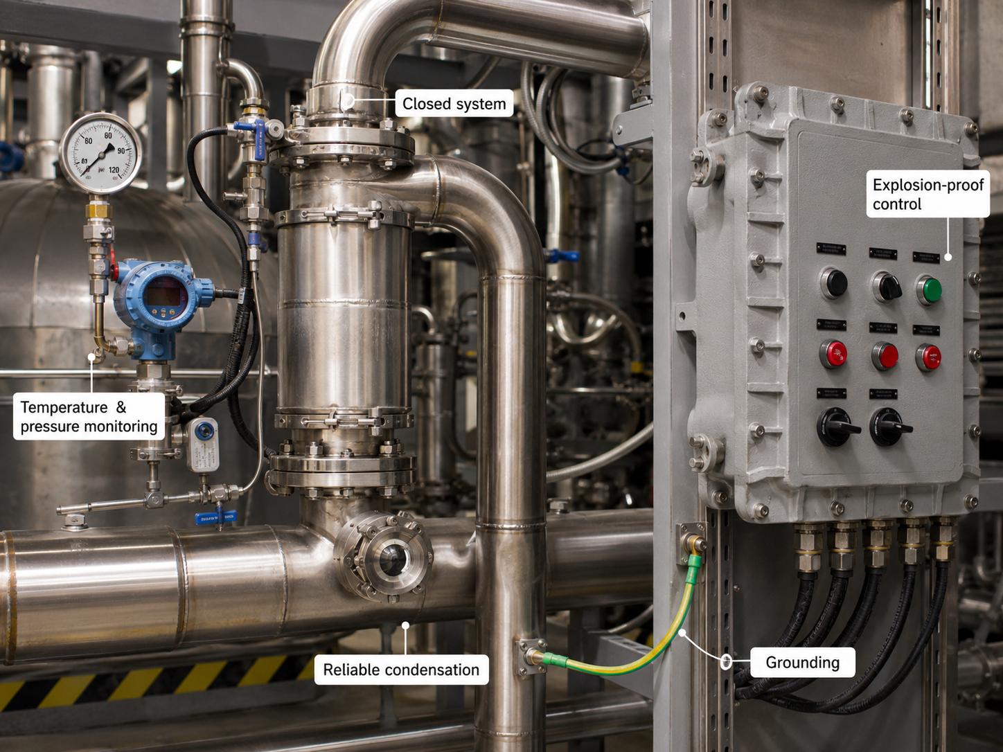 Explosion proof ethanol recovery equipment with closed piping grounding and temperature pressure monitoring