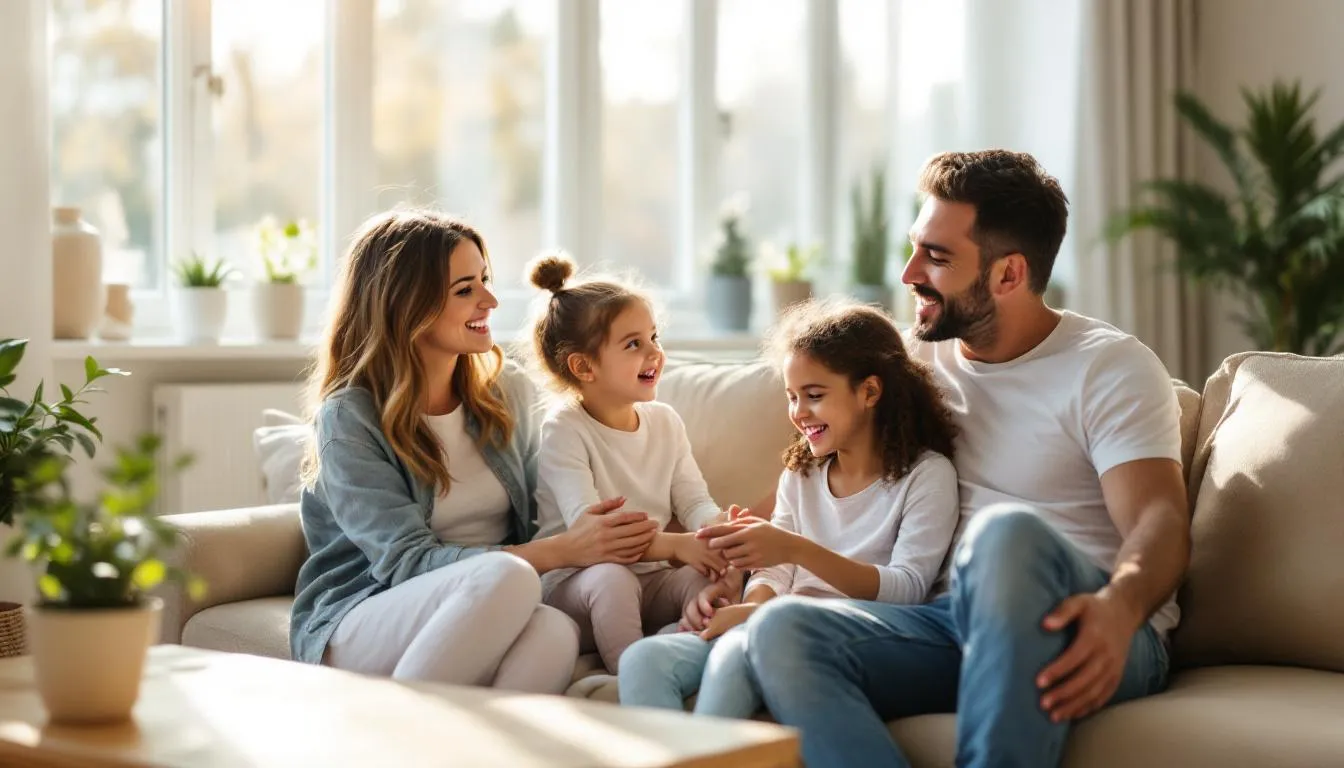 A family is joyfully spending time together in a bright and clean living room, showcasing a newly renovated space that highlights the results of professional post construction cleaning services. The light fixtures shine, and the hard floors are spotless, creating a welcoming environment for the family to enjoy their new home.