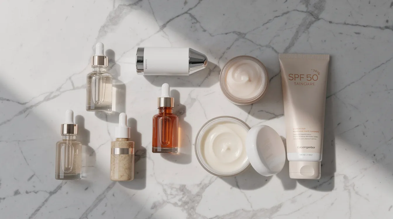 A flat lay arrangement features various beauty products including skincare serums, a facial device, moisturizer, and sunscreen, all elegantly displayed on a marble countertop. The natural finish of the products highlights their luxurious appeal, inviting a routine focused on skin health and moisture.
