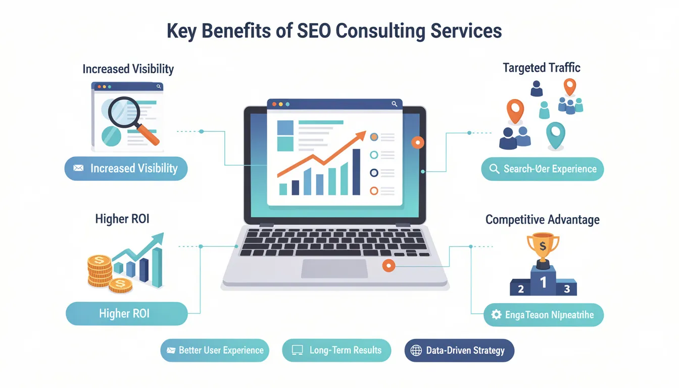 The image illustrates the key benefits of SEO consulting services, showcasing various elements such as a professional SEO consultant analyzing website data, keyword research charts, and search engine rankings. It emphasizes the importance of a comprehensive SEO strategy to improve organic traffic and achieve business objectives through effective search engine optimization.