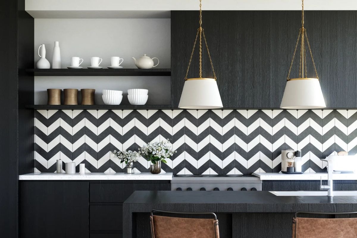 Pendant lights hanging over a kitchen island illuminate the space with glam décor and refined aesthetics.