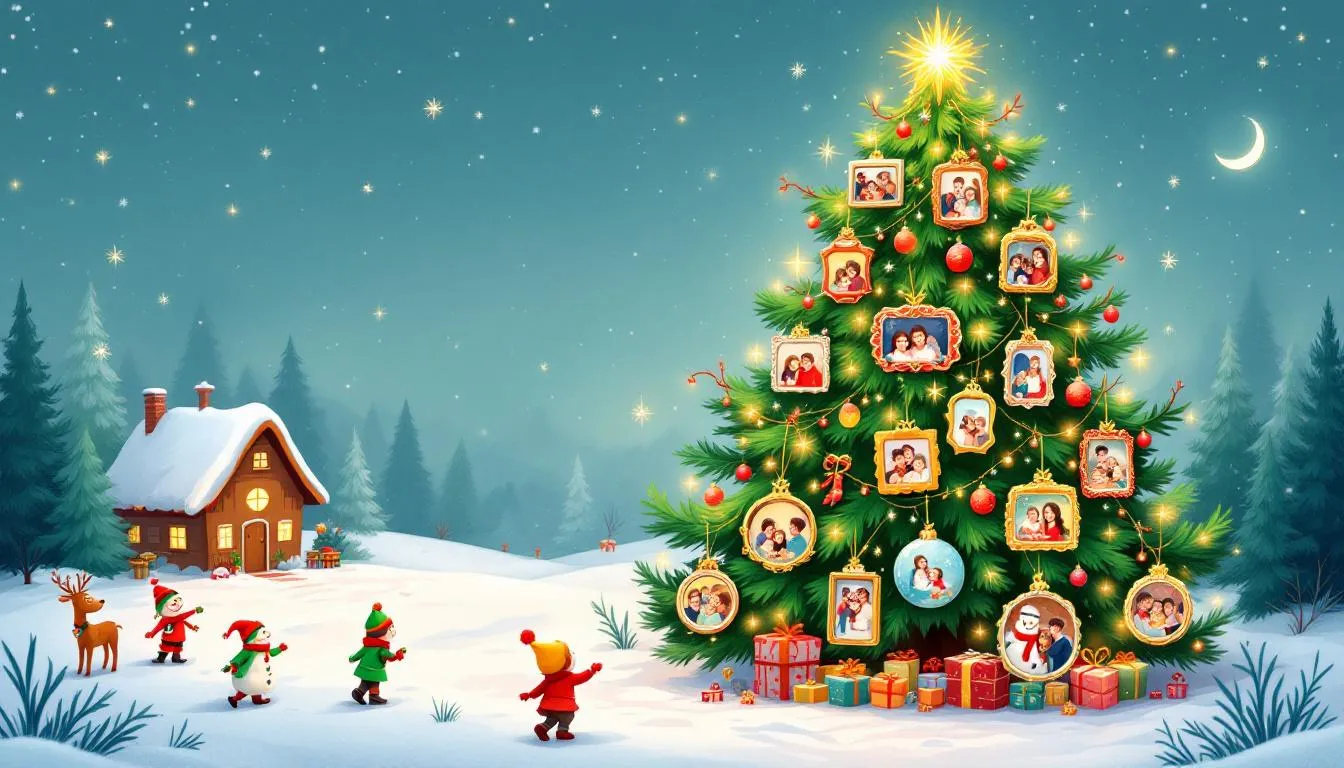 Photo ornaments showcasing cherished memories on a Christmas tree.