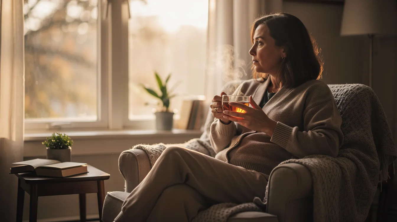 An adult sits quietly by a window, cradling a warm cup of tea, reflecting on their journey as a first generation individual navigating the complexities of cultural identity and family expectations. This moment of solitude symbolizes the importance of mental health support and personal growth amidst the challenges faced by many first generation adults.