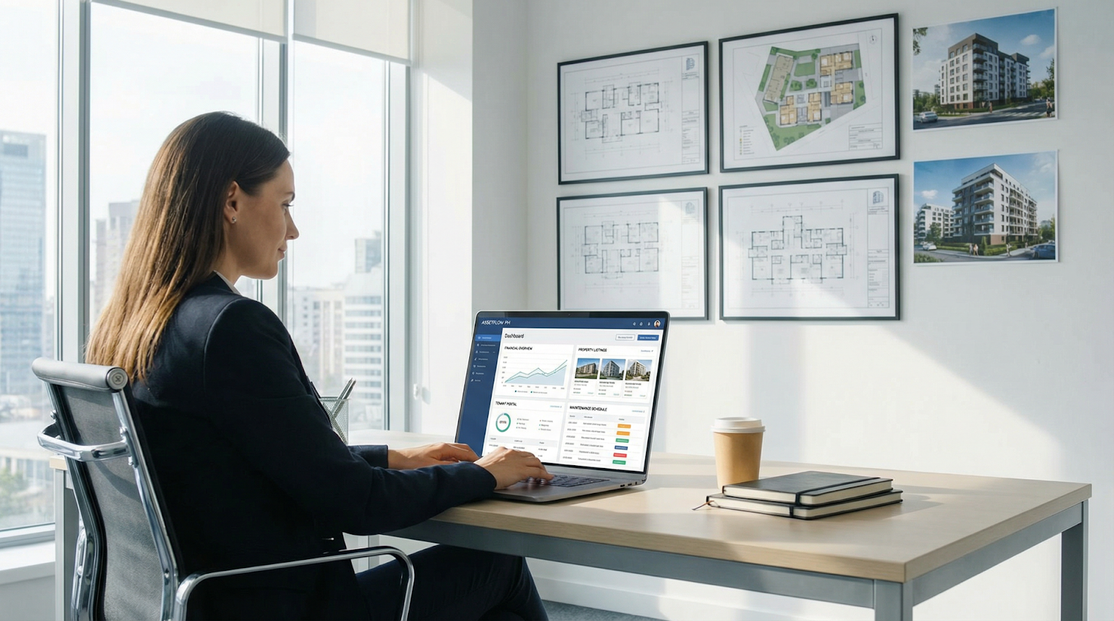 Een vastgoedbeheerder werkt aan vastgoedbeheer software op een laptop