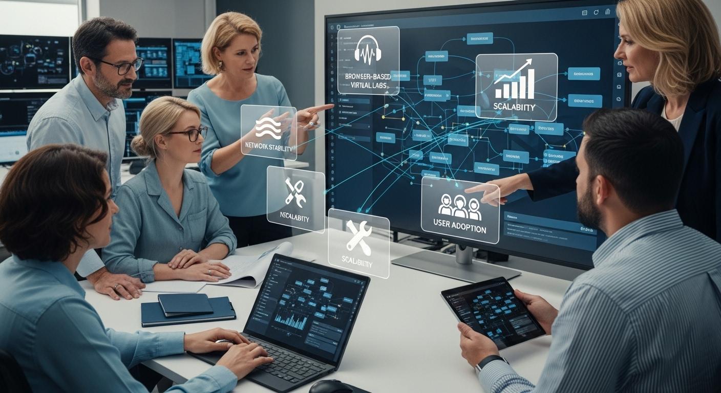 IT administrators managing browser-based virtual labs with floating icons representing network stability, technical support, scalability, and user adoption.