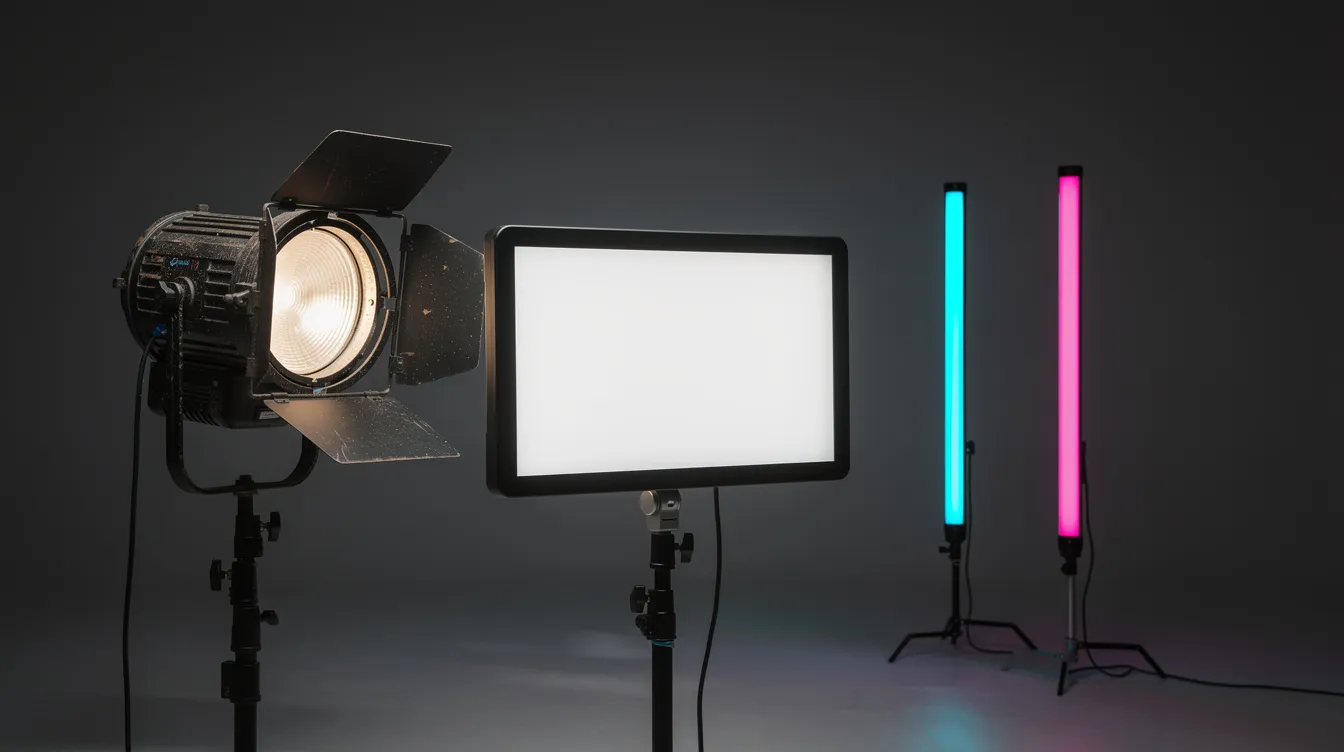 Das Bild zeigt verschiedene Filmleuchten, die nebeneinander aufgereiht sind: einen klassischen Fresnel-Scheinwerfer aus Metall, ein flaches LED-Panel sowie zwei schmale LED-Röhren in unterschiedlichen Farben. Diese Lichtquellen repräsentieren verschiedene Aspekte der Lichtgestaltung und Beleuchtungstechnik im Bereich Fotografie und Film.