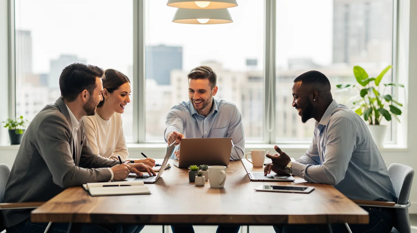 A diverse team of individuals collaborates around laptops in a modern workspace, engaging in multi agent systems to tackle complex tasks. They utilize various AI tools and frameworks, such as Crewai, to enhance their project management and data analysis efforts.
