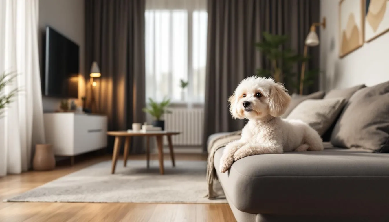 A small teacup poodle sits contentedly on a plush rug in a modern apartment, surrounded by stylish furnishings that complement its adorable looks. The dog, known for its small stature and affectionate nature, appears relaxed and at home in this cozy environment.