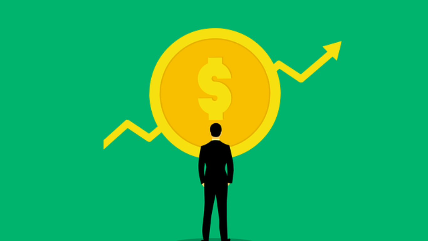 Businessman standing before a large coin with a dollar symbol and an upward financial growth arrow on a green background.