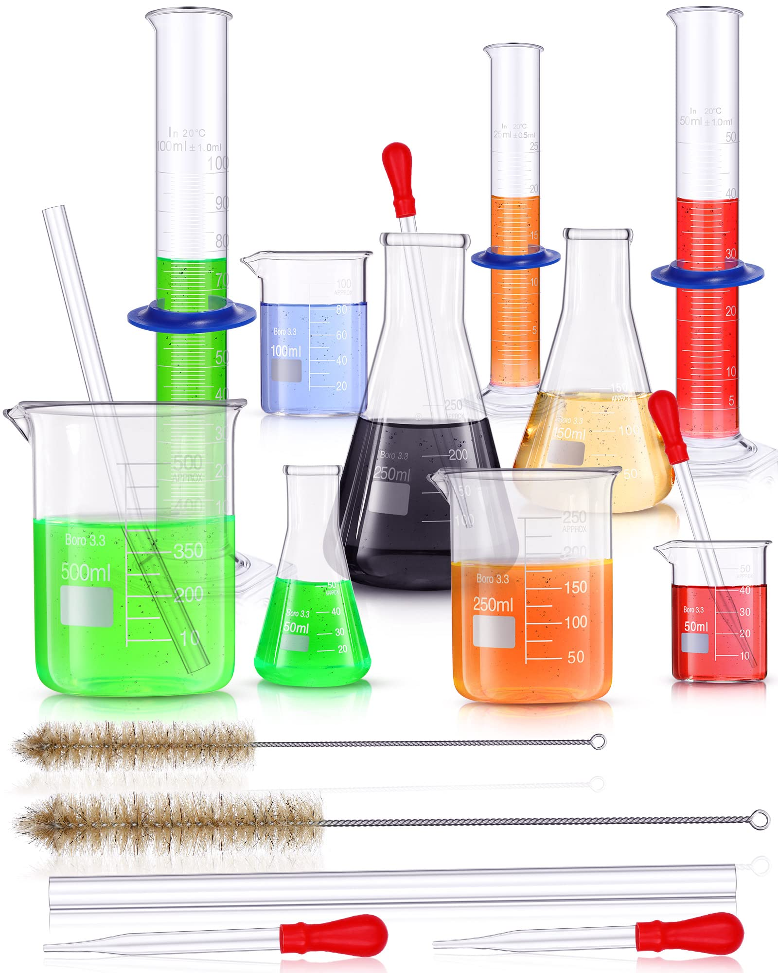 Various laboratory glassware including beakers, flasks, and test tubes