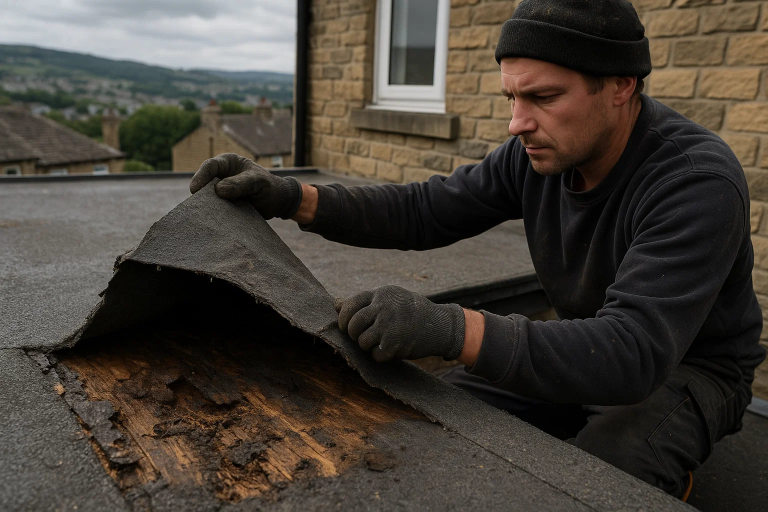 Huddersfield roofer removing damaged felt to fix roof leaks properly