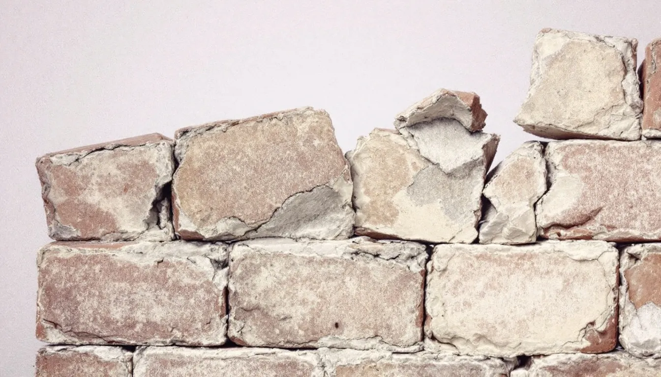 A close-up view of spalling bricks showing damage and crumbling.